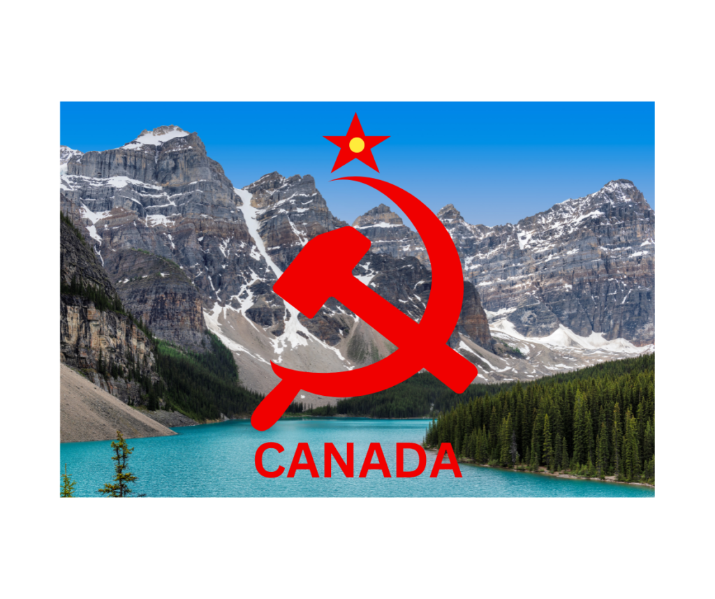 hammer and sickle symbol over picture of Canadian Rockies